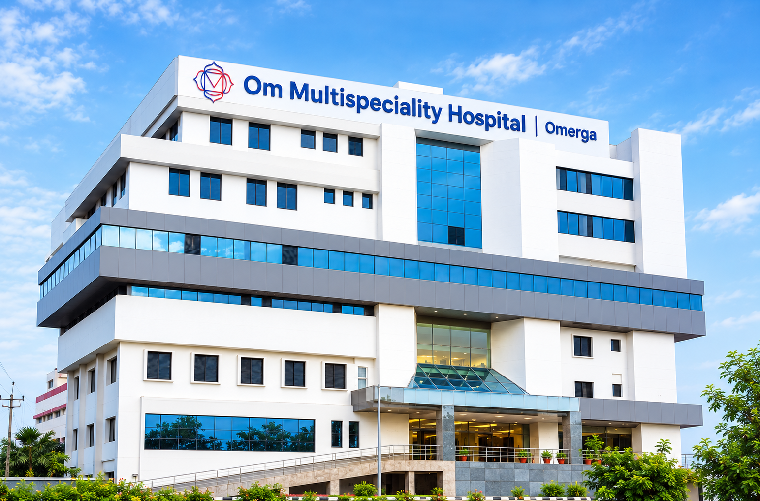 Om Multispeciality Hospital exterior with Omerga signage